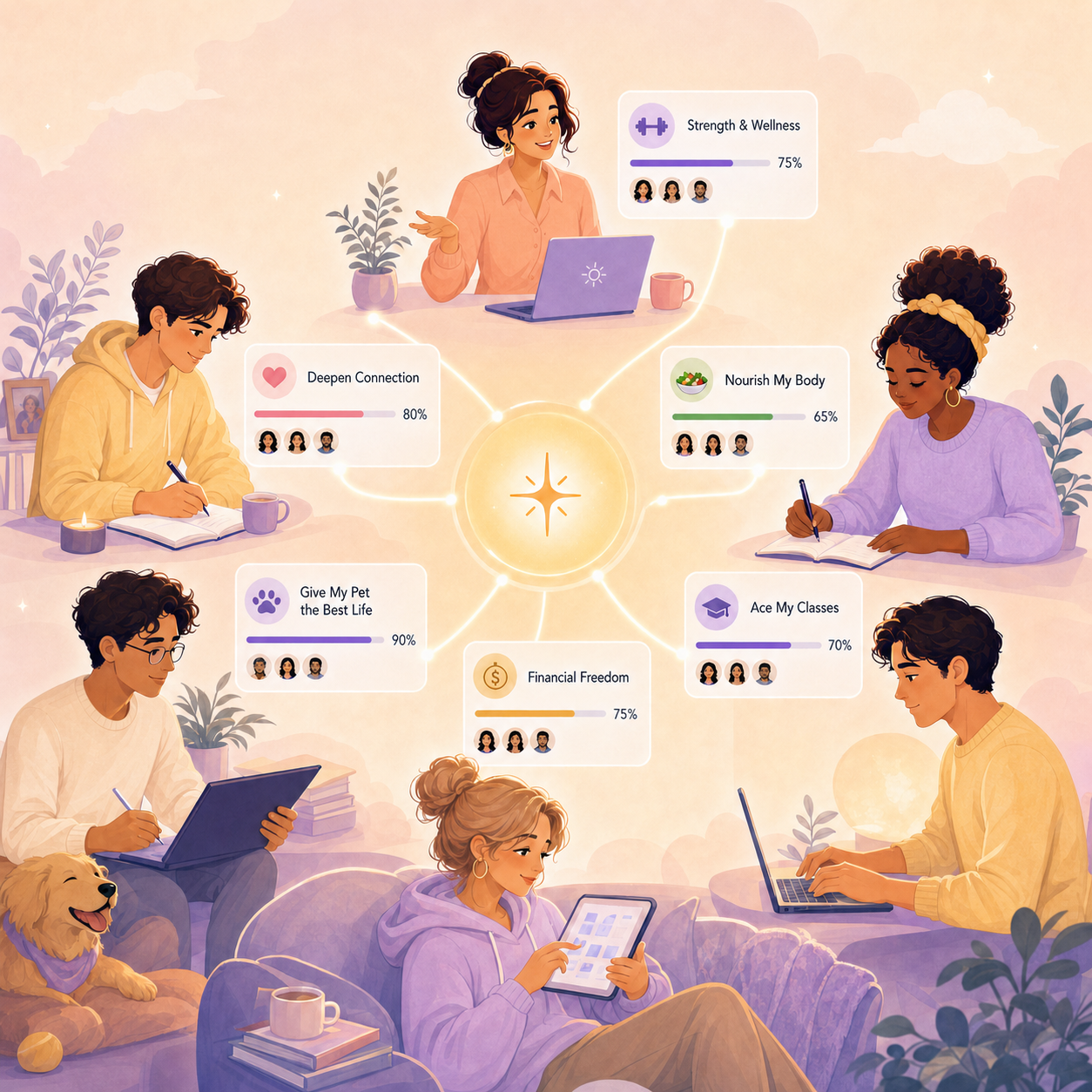 Illustration of a group connected through shared goals, coaching, and progress tracking.