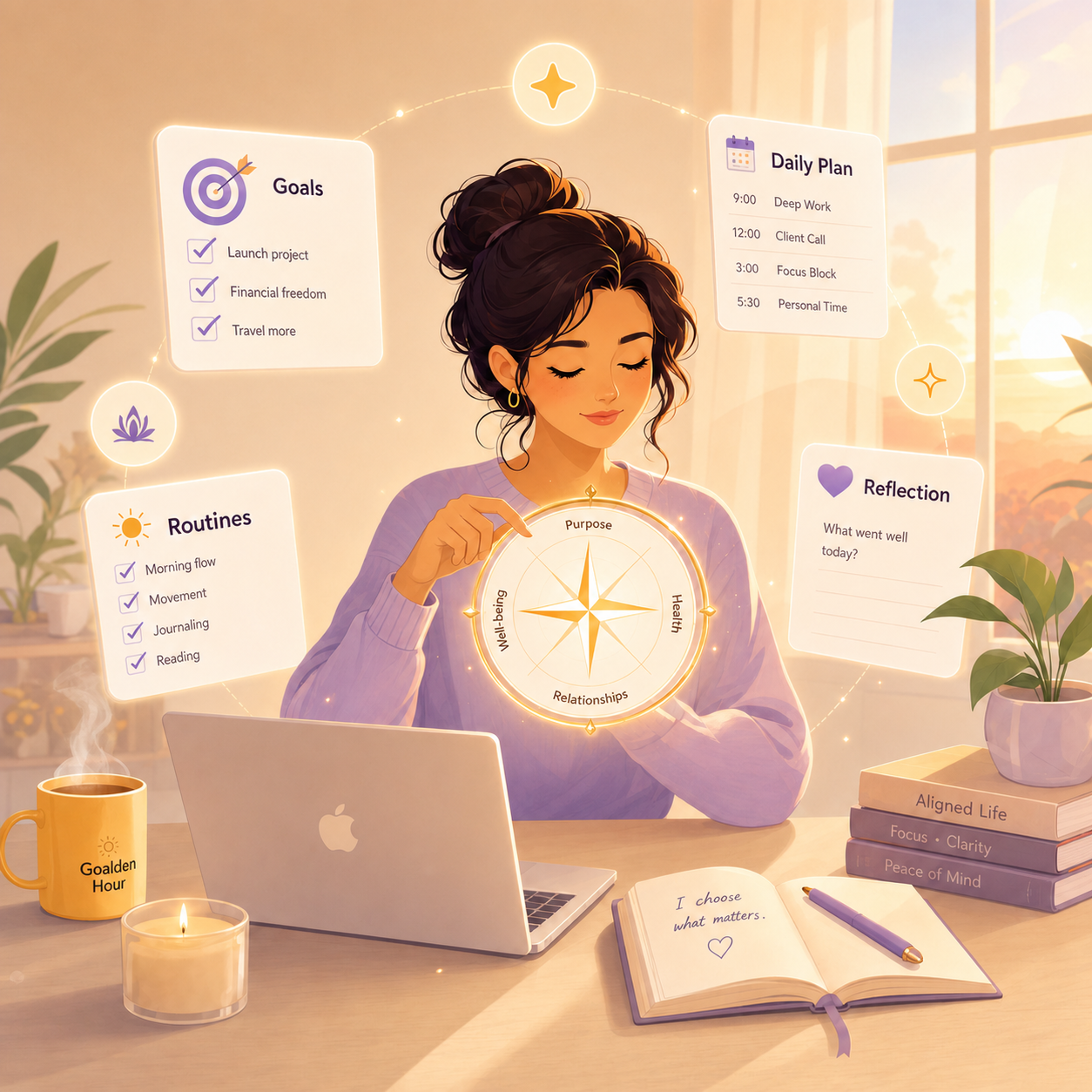 Illustration of a person using Goalden Hour to organize personal goals, routines, and daily plans.